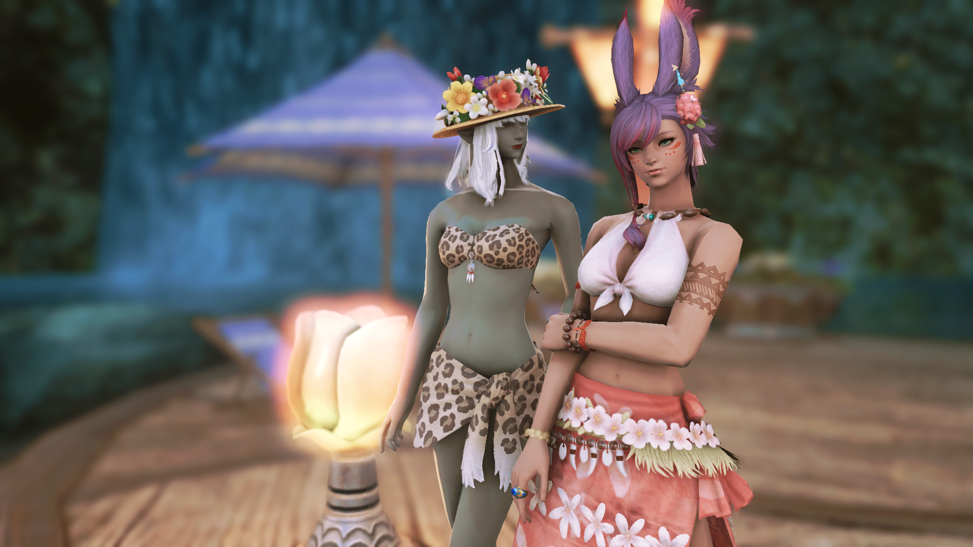 Screenshot of my Viera character with a dark-skinned light-haired Elezen female NPC in Lavender Beds. Reshade is used to take this photo.