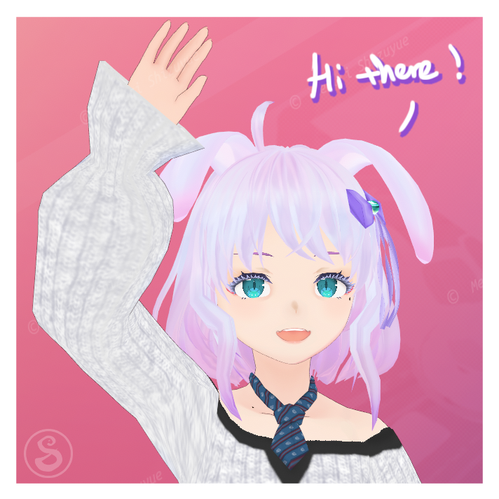 Girl with shoulder length pink hair and rabbit ears smiles with right hand raised above her head in greeting. Text says 'Hi there!'